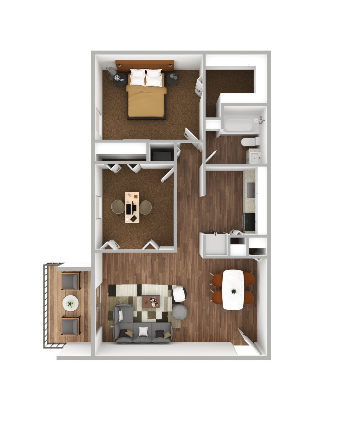 Parkway Crossing Overlook Floorplan Overhead model of the Parkway Crossing Overlook Floorplan, with one bedroom, office space, one bathroom, luxury vinyl tile flooring, a balcony and a living room.